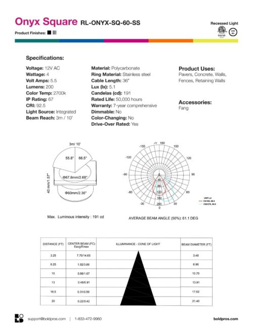 angled-onyx-square-60mm-stainless-recessed-light-for-outdoors-spec-sheet BOLD Onyx 60mm (2 3/8") Low Voltage LED Recessed Light - Image 7