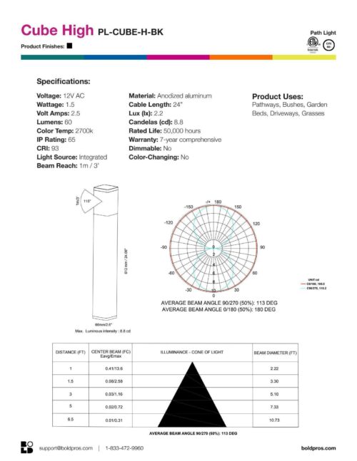 cube-high-low-voltage-led-path-light-24-inch-black-anodized-360-degree-spec-sheet.jpg BOLD Cube High 24" Low Voltage LED Path Light – Black Anodized Aluminum with 360° Glow - Image 8